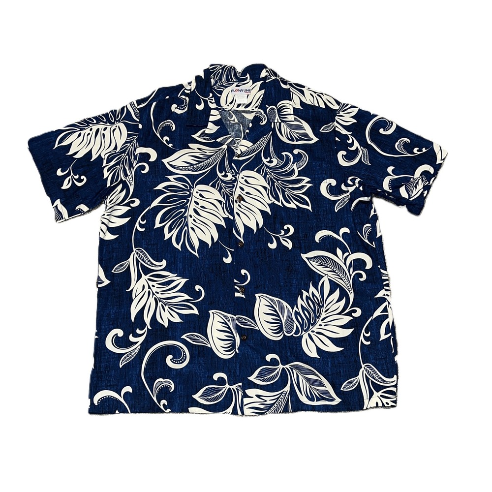 VTG Aloha Line Style 011 Hawaiian Shirt Size L Blue White Tropical Floral Camp